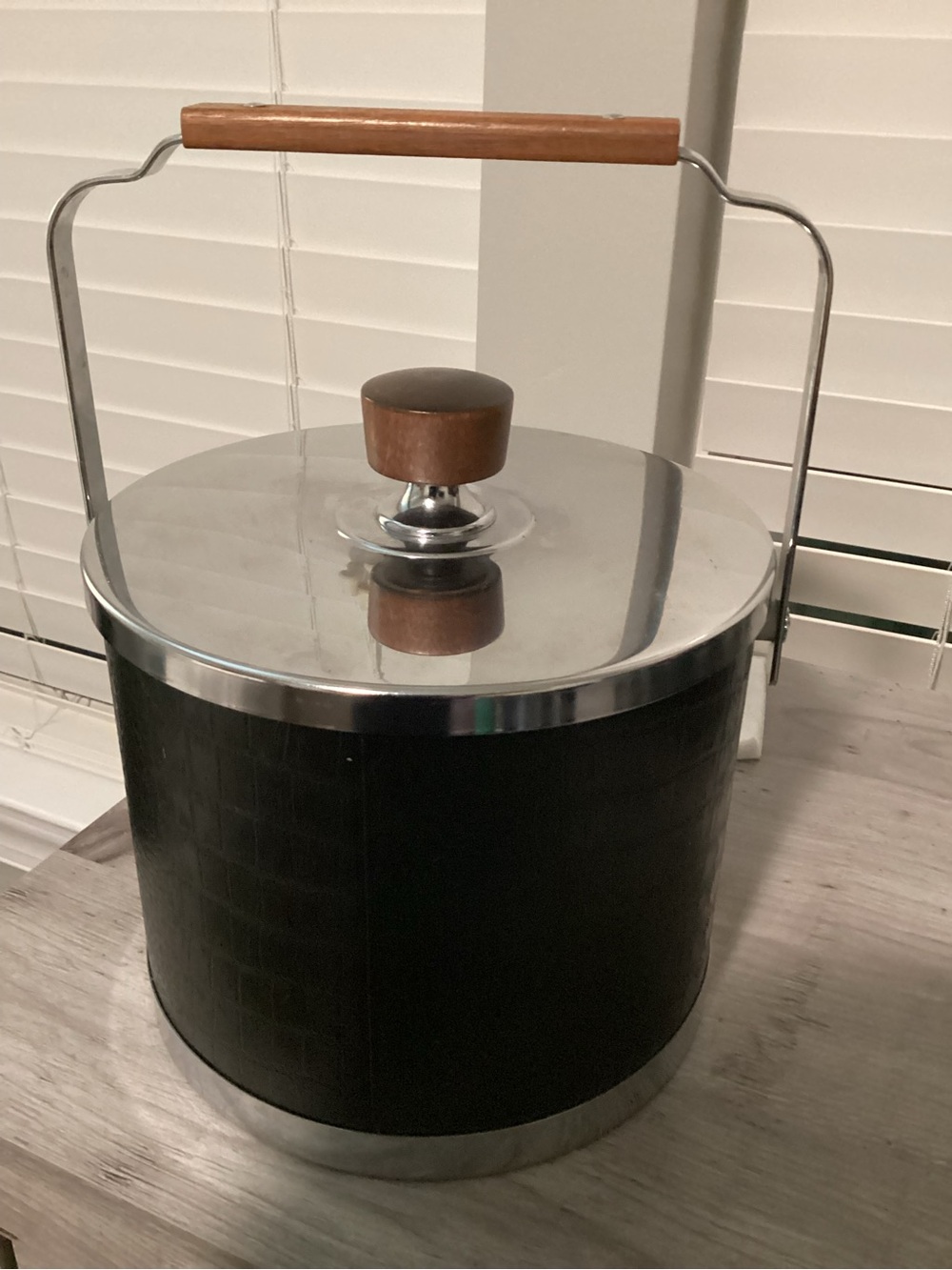 Wood-Handled Black Ice Bucket with Stainless Lid